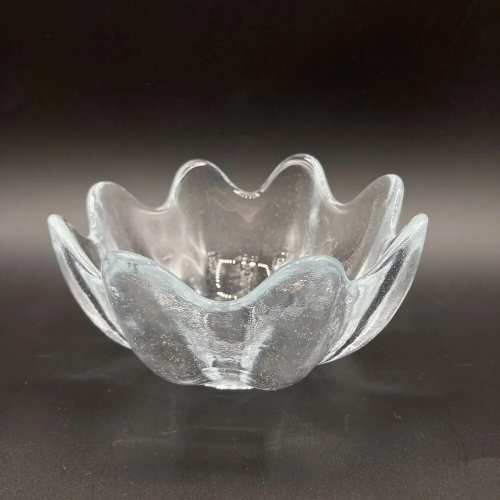 Vintage Blenko Glass Clear Lotus Bowl Textured Hand Blown 8 Petal Small 5.5” W